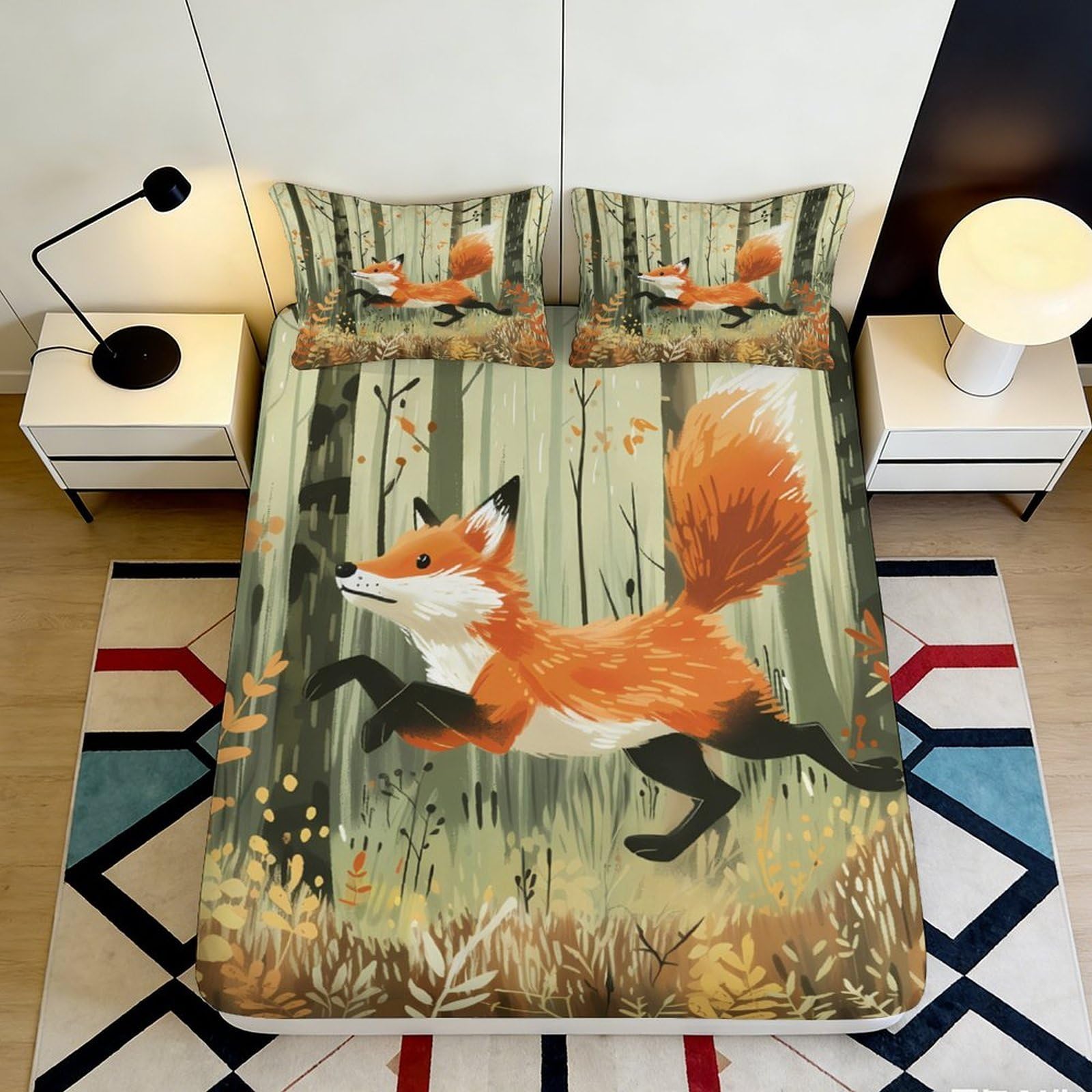 3D Printed Forest Fox Fitted Sheet Microfiber Anti-Slip Woodland Animal Mattress Cover for Bedroom Dormitory Decor 200x200x25cm