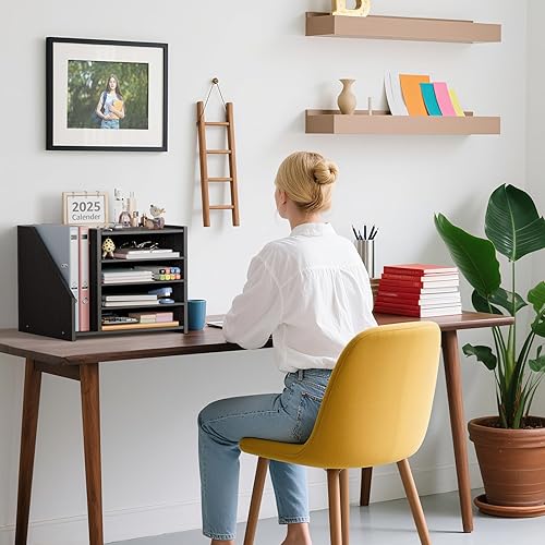 Miniatura 6 de Bandeja organizadora de papel de madera para escritorio, 5 niveles, almacenamiento de archivos, oficina, espacio de trabajo, organización de