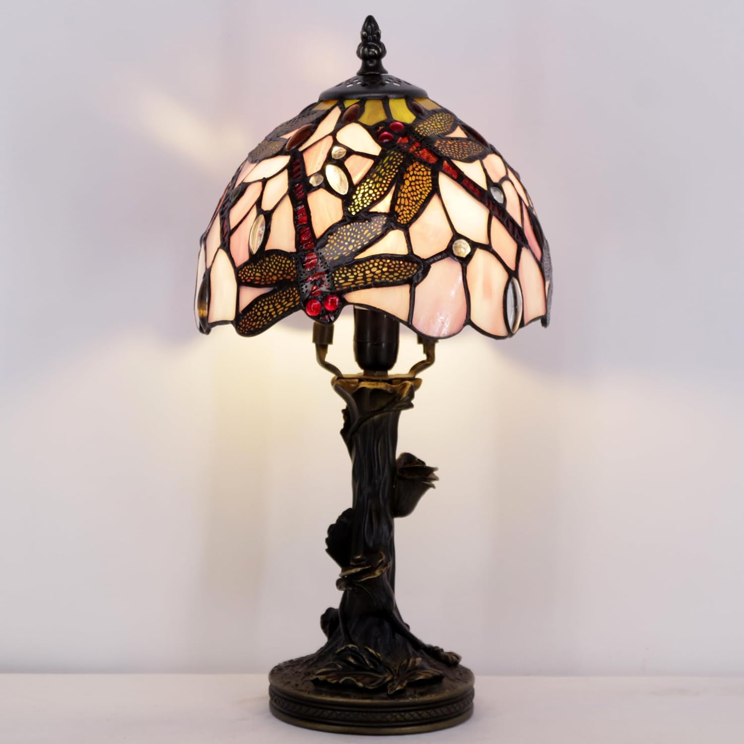 Small Tiffany Table Lamp Pink Dragonfly Style Stained Glass Desk Light Home Bedside Accent Memory Lamp 8X15 Inch