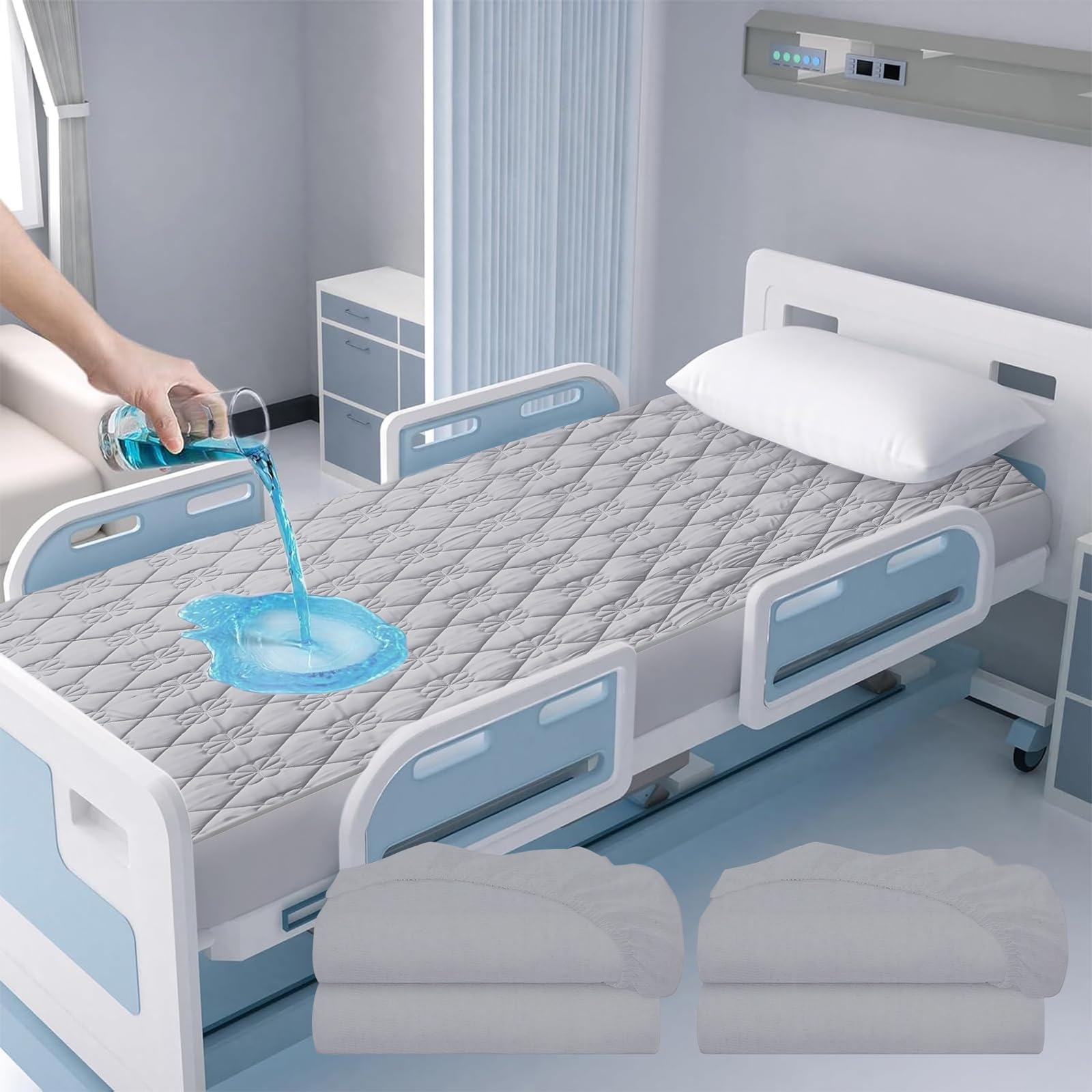 Lot de 2 draps de lit d'hôpital imperméables de 91,4 x 203,2 x 22,9 cm, protection contre l'incontinence, tissu doux et respirant pour personnes âgées, adultes lavables en machine, gris