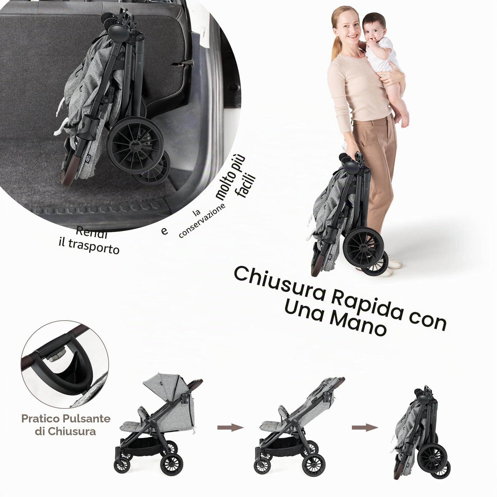 LIFEZEAL Passeggino doppio fianco a costa, Tandem gemelli pieghevole, schienale reclinabile a 3 posizioni, poggiapiedi, imbracatura a 5 punti, carico 15+15 kg, bambino 0-3 anni (grigio chiaro)