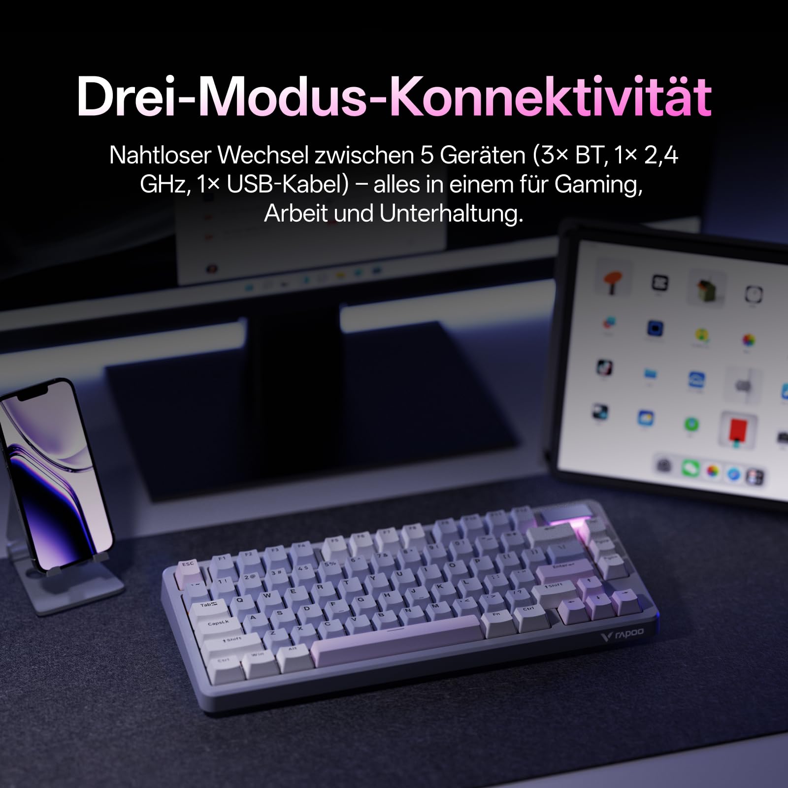 Rapoo V700DIY-75 Kabellose Mechanische Gaming Tastatur, BT 5.0/2,4 GHz/Kabel, Hot-Swap-fähige individuelle, Speed-Silver-Linearschalter, 16,8M Per-Key-RGB, Gasket-Mount, Full NKRO Anti-Ghosting - 2