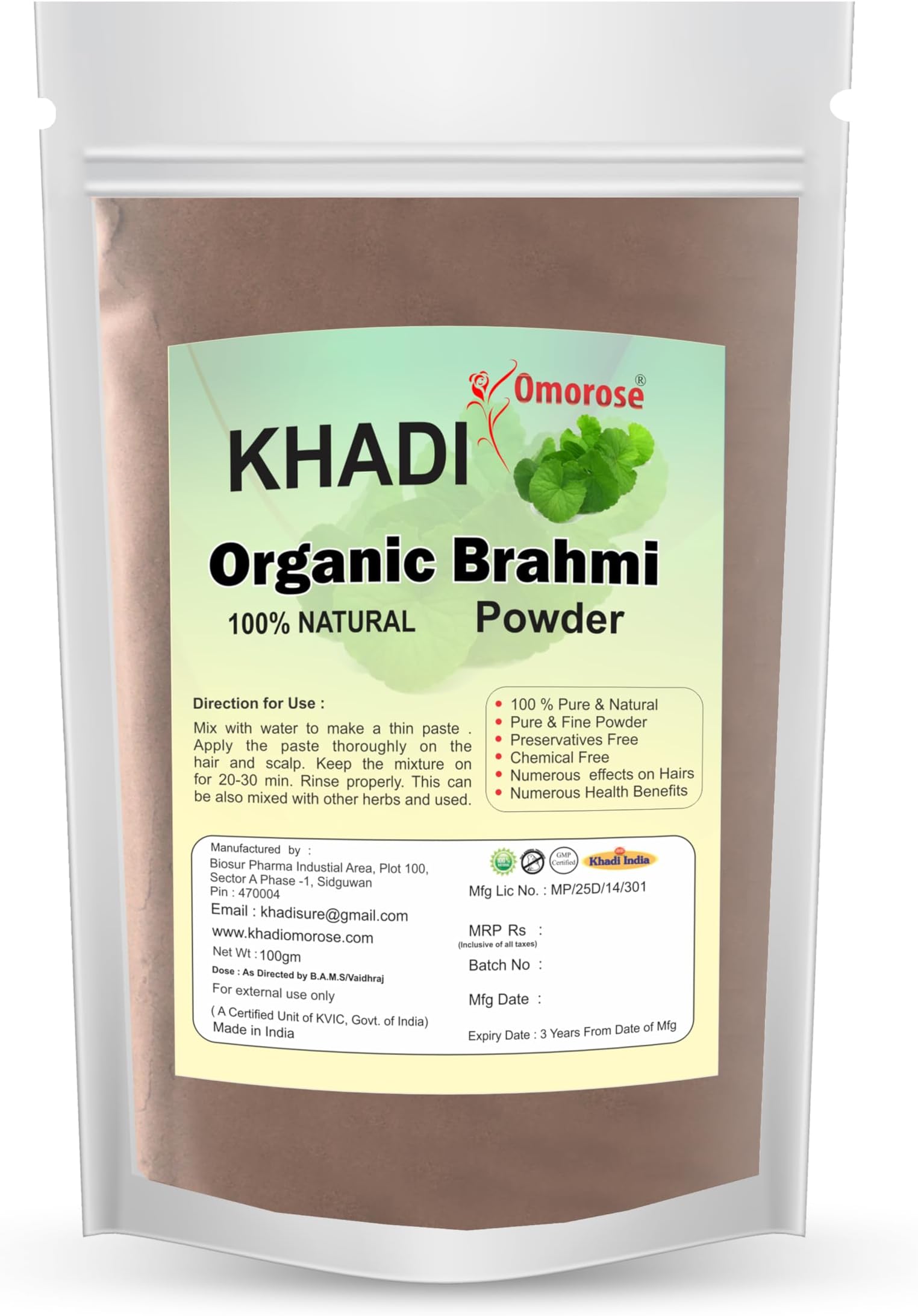 Khadi Omorose Brahmi Powder For Healthy Hairs-100 Grams | Helps in reducing Hairfall, boost healthy hair growth