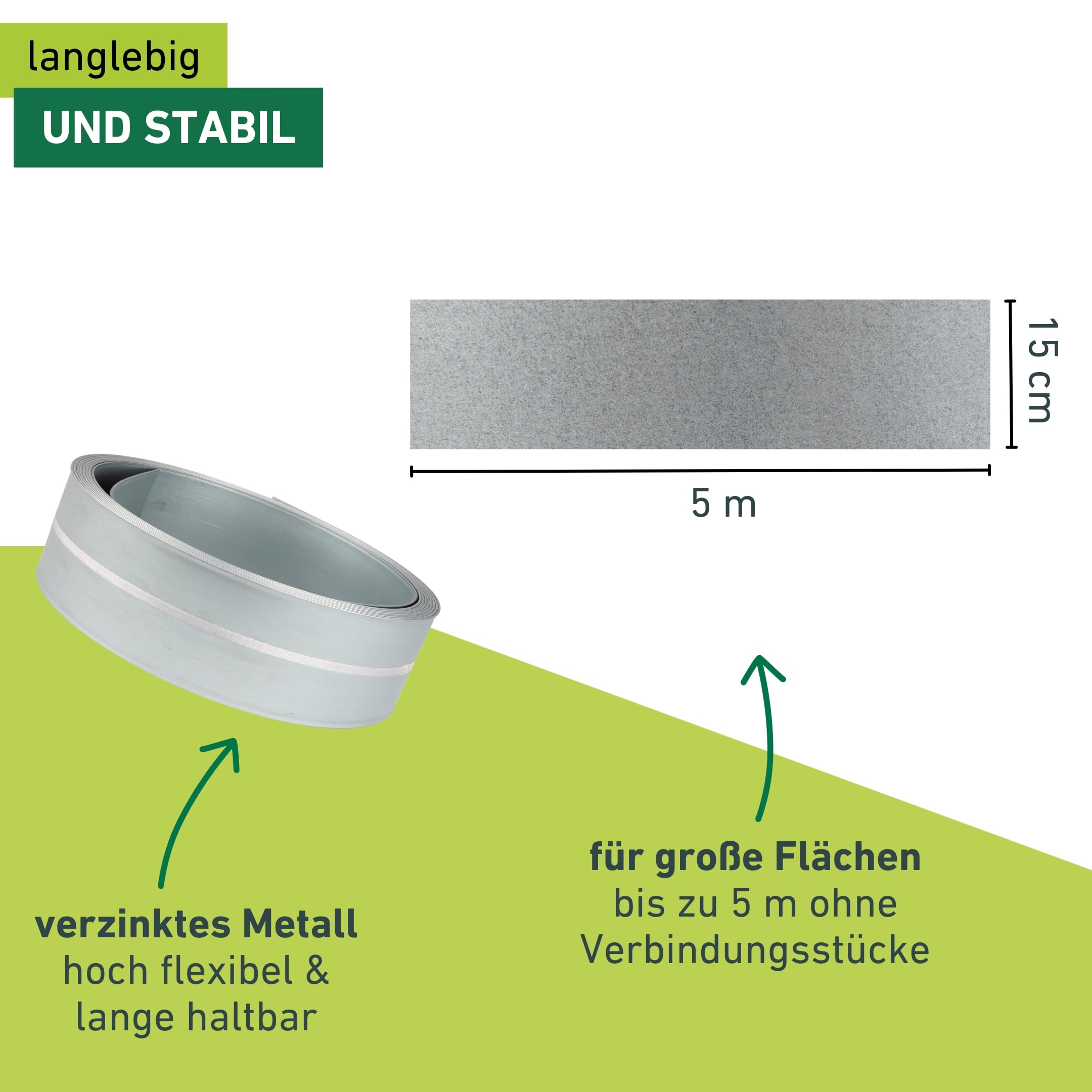 Windhager Rasenkantenband verzinkt, Raseneinfassung, Beeteinfassung, Beetbegrenzung, Mähkante, Rasen-Abgrenzung, flexibel, 5m x 15cm, 07458