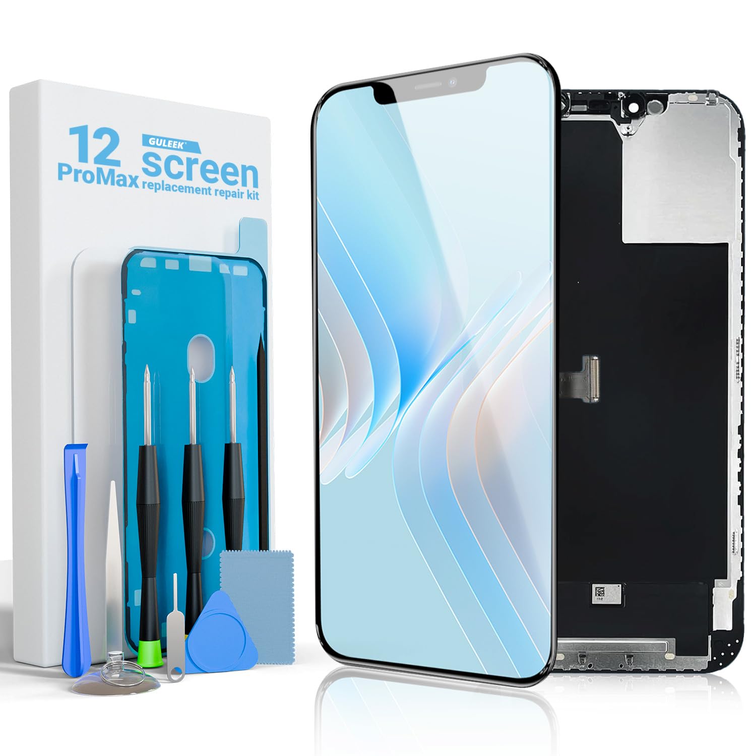 Photo 1 of guleek Screen Replacement for iPhone 12 Pro Max, 6.7 Inch LCD Full HD Display with Touch Digitizer Assembly Includes Repair Toolkit, Waterproof Adhesive, and Tempered Glass Screen Protector