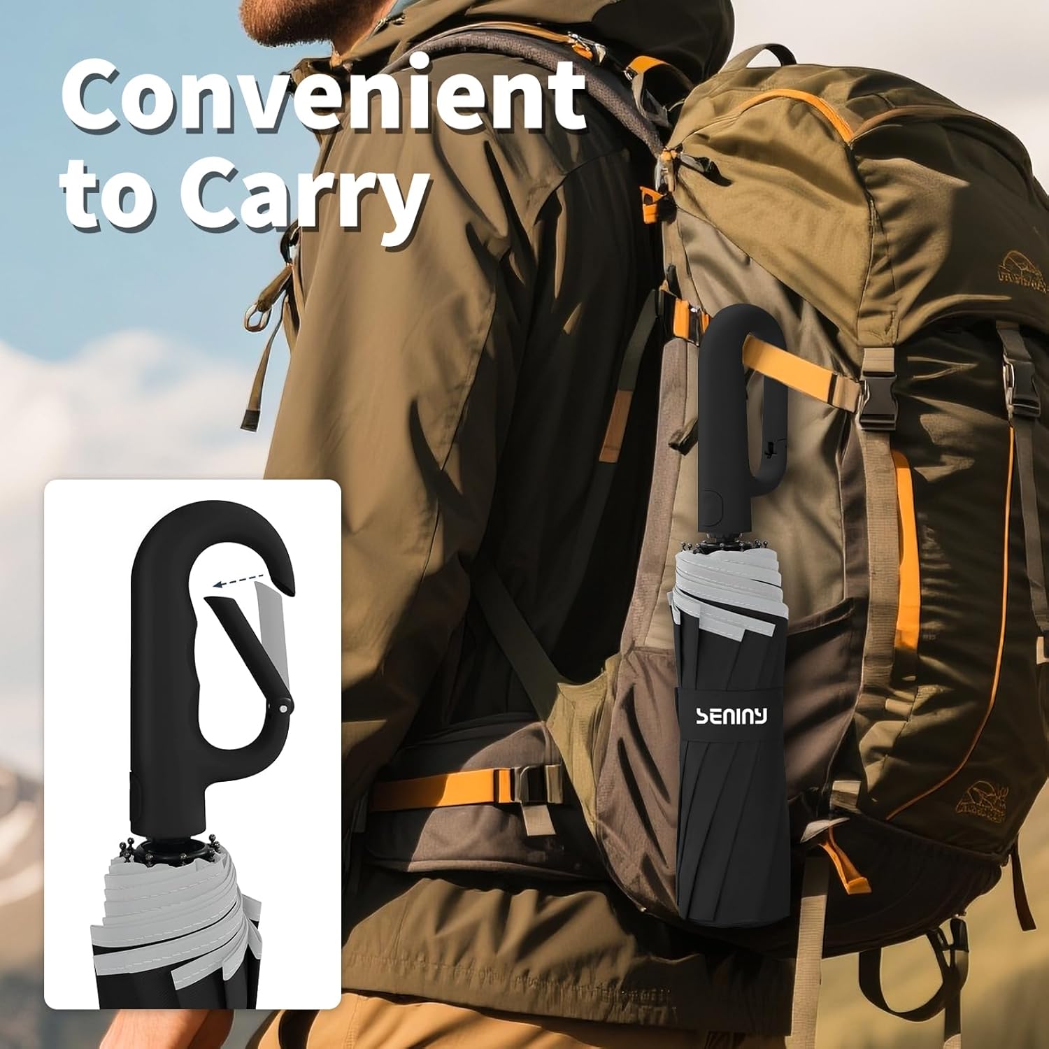 Seniny Travel Umbrella with Carabiner Handle, Windproof Large Umbrellas for Rain with Dual-Rib Structure, Portable Compact Umbrella with Reflective Strip, Car Backpack UV Umbrellas for Sun Protection - Image 4