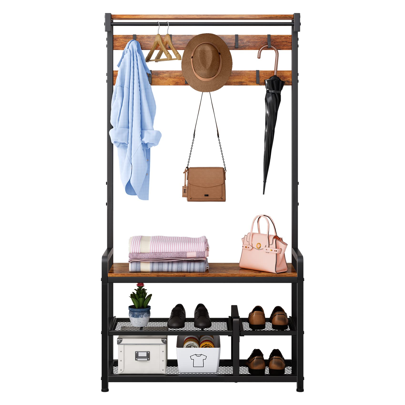 Mr IRONSTONE Coat Rack Shoe Bench Hall Tree 33.1"L x 11.8"W x 71.5"H (Vintage)