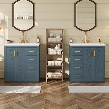 60-inch Bathroom Vanity with Ceramic Sink Combo, Free-Standing Single Sink Bathroom Vanity Cabinet with 4 Door & 6 Drawers, Wooden Vanity Set with Golden Handles for Bathroom, Blue