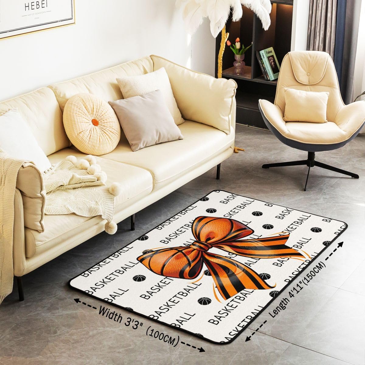 Castle Fairy Basketball Bowknot Area Rug 3'x5'x0.39'' for Bedside,Cartoob Ball Letter Pattern Home Mat for Playroom Office,Boys Teens Sport Lover Indoor Floor Area Rugs Washable Rug