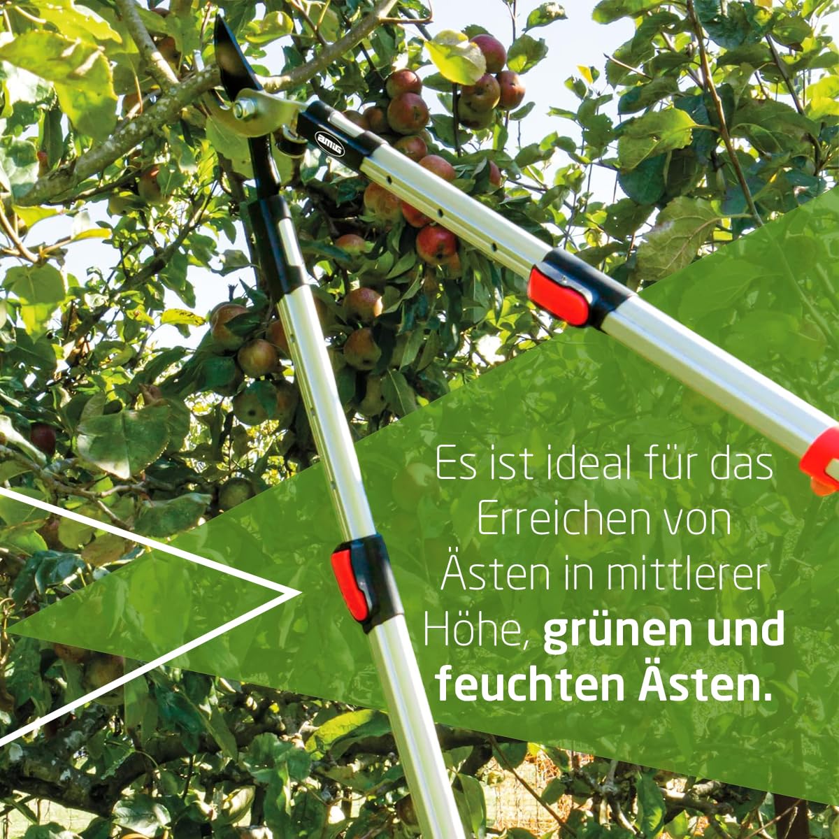 Amig – Astschere | Teleskop-Zweihand-Gartenschere | ausziehbarer Aluminiumgriff von 62 bis 97 cm | Bypass-Schneiden | Schnittkapazität 38 mm | Rot und Schwarz