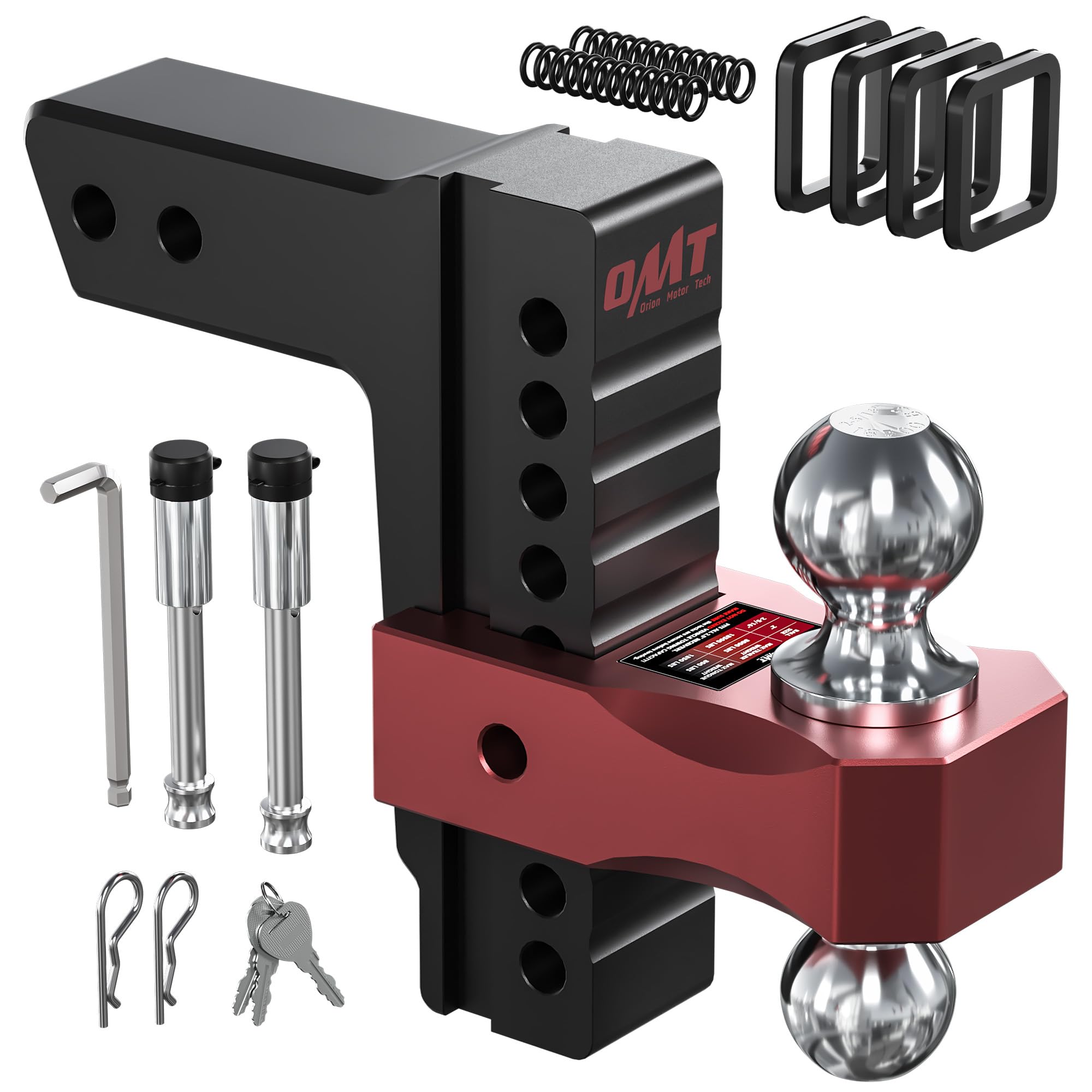 orion motor tech adjustable trailer hitch for 2.5 in. receiver, dual-ball mount tow hitch with 8" drop/rise 2" & 2-5/16" balls, drop hitch with locking pins for class iv v vehicles 8000-18500 gtw, red