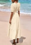 PRETTYGARDEN Robes d'été pour femmes 2026 Élégant Classy manches courtes V cou volant une ligne ceintée longue plage robe de vacances