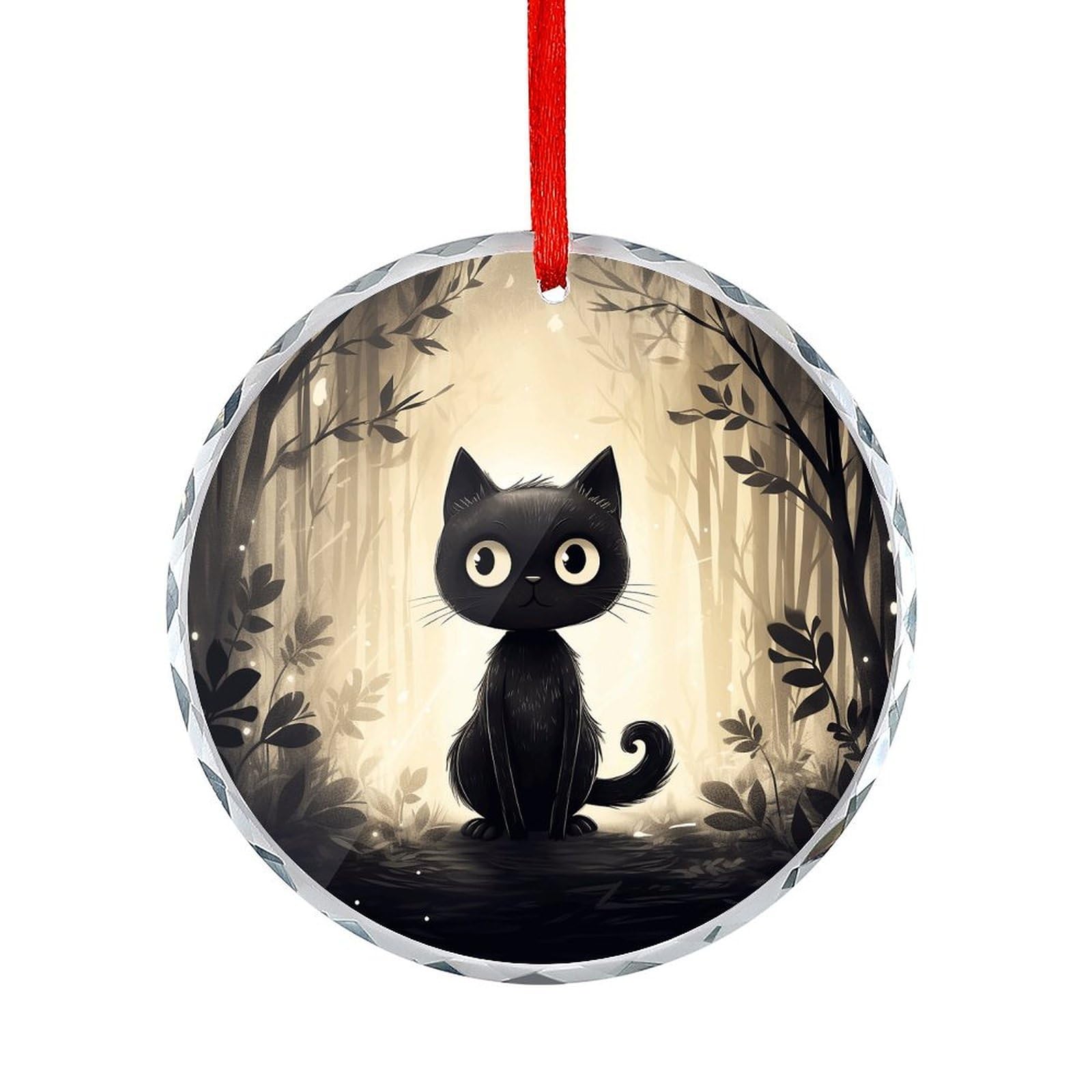 Btcowzrv Style Hand Drawn Black Cat Round Ornament Hanging Pendant Decor