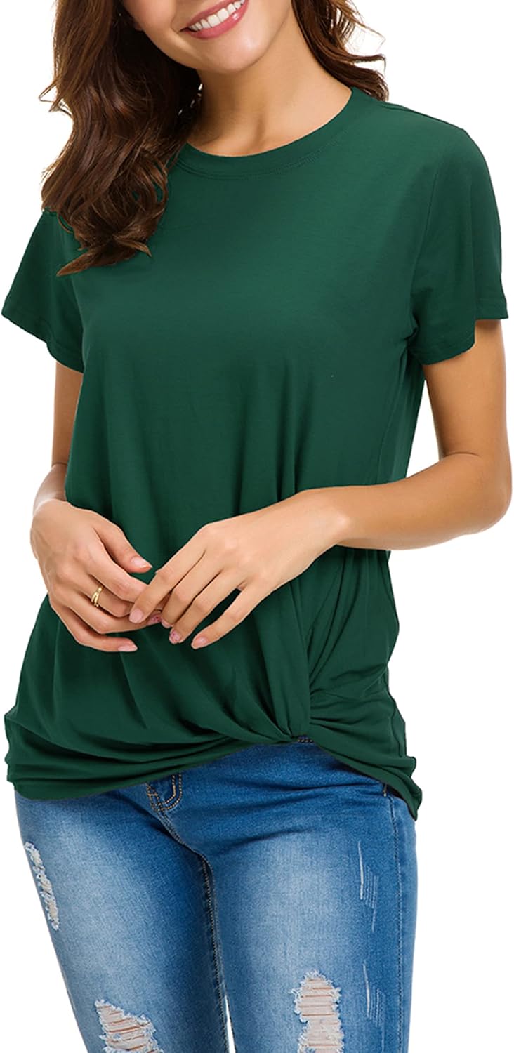MSHING Women's Casual Round Neck Short Sleeve Tie Up T-Shirt Blouse Comfortable Cotton Basic Tops - Image 4