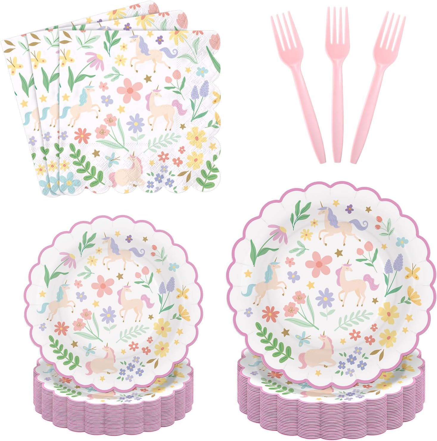 LemonRoad 96 Pcs Pastel Unicorn Paper Plates Napkins Meadow Unicorn Party Supplies Kit Magical Floral Disposable Plates Forks Serves 24 Guests for Birthday Party Decorations Baby Shower for Girls