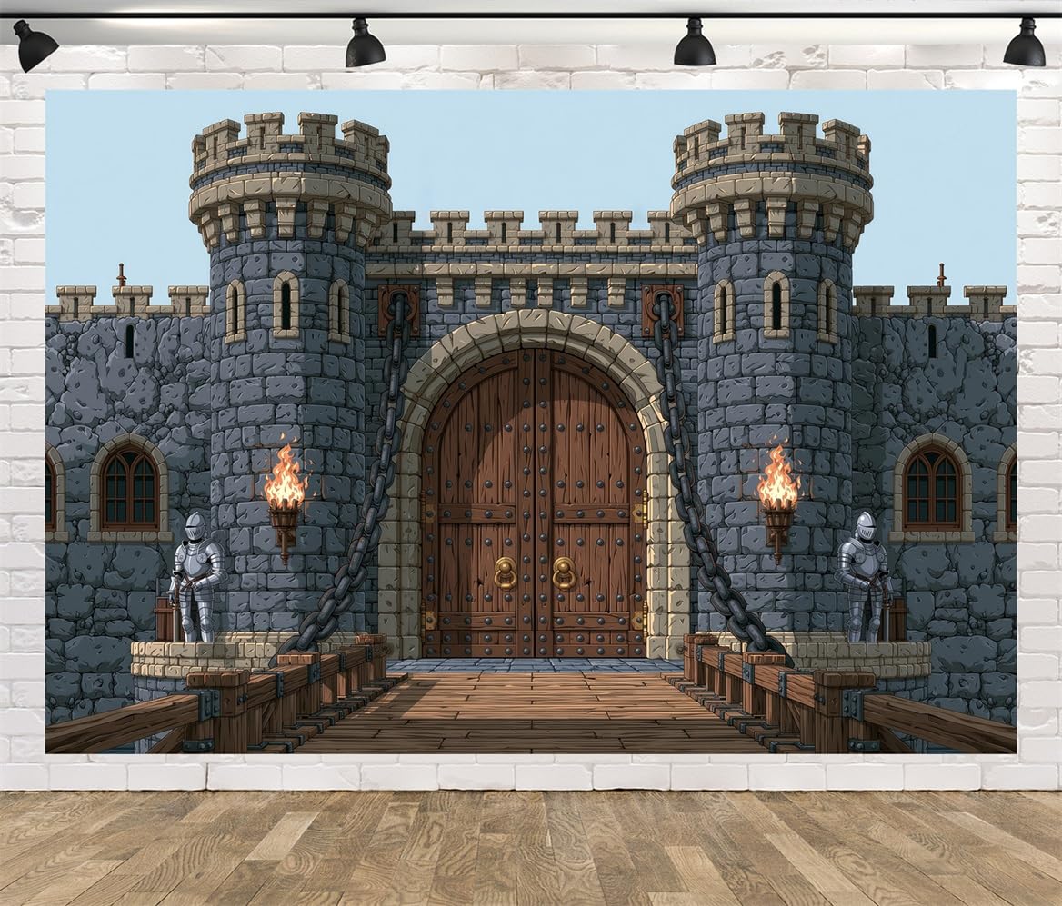 BELECO 5.2x3m Sfondo in tessuto Castello Medievale in Pietra | Porta Fortezza In Pietra Antica Ponte Levatoio Catene In Ferro Statue Cavalieri Torce Fiammanti Telo Di Sfondo