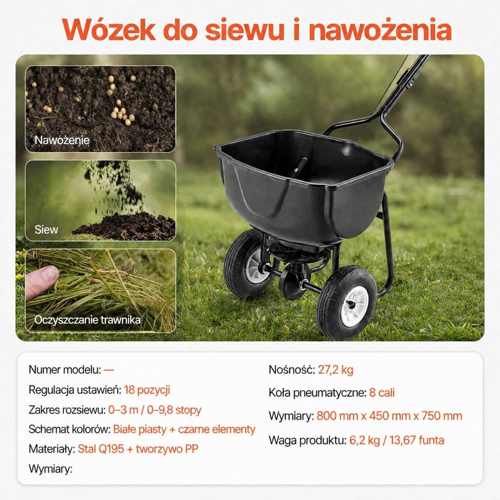 Rozsiewacz pchany 27 kg z zasobnikiem i oponami pneumatycznymi do nasion oraz nawozu w ogrodzie i na trawniku