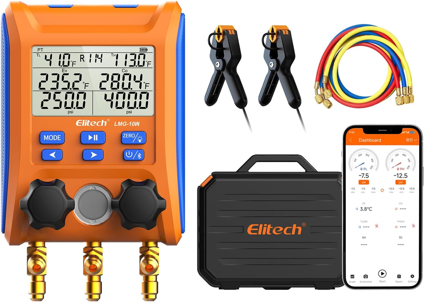 Elitech Digital Manifold Gauge Set 2-Way Valve Wireless HVAC Gauge with APP Monitoring and Temperature Clamps Hose for Refrigeration A/C Heat Pump, LMG-10W