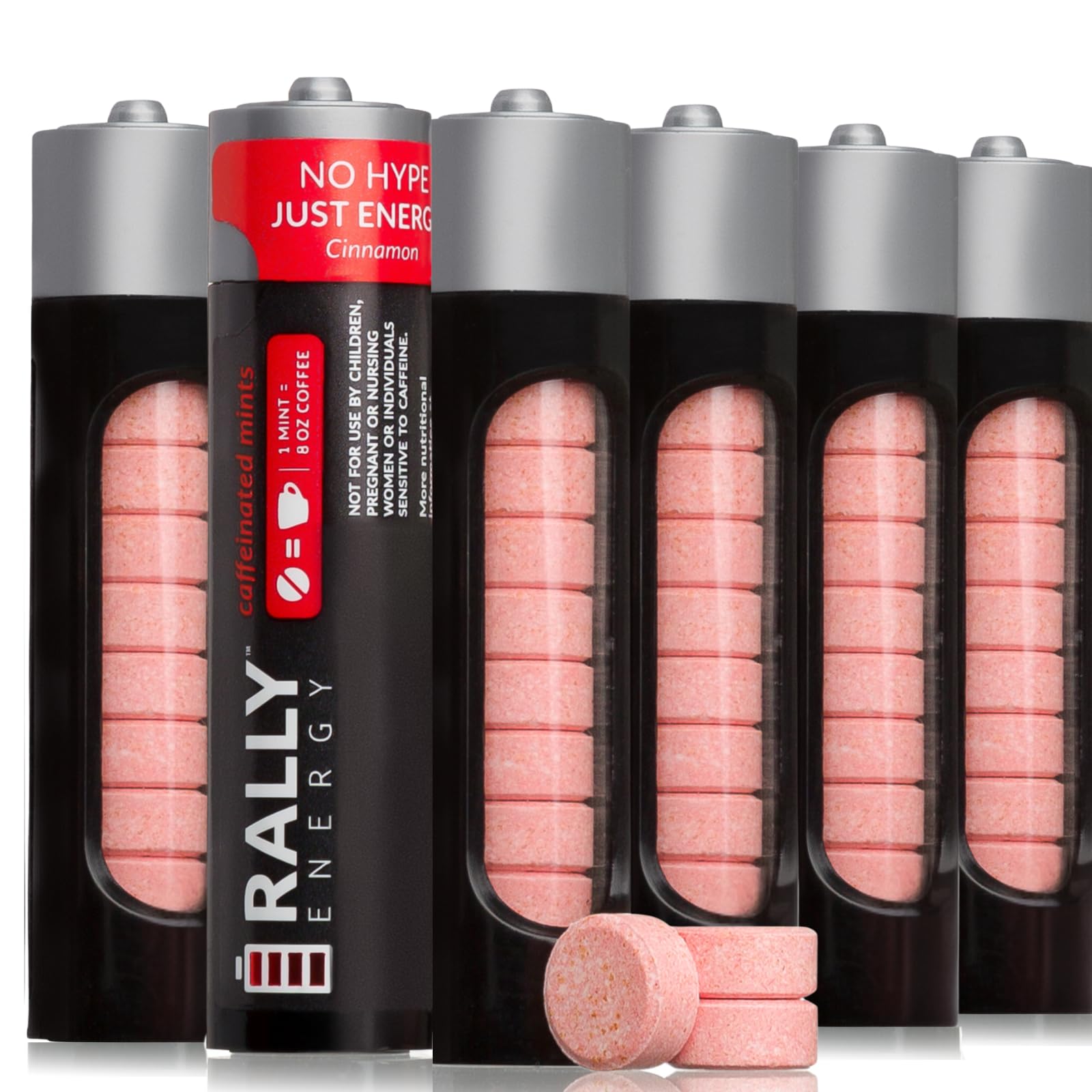 Caffeine Mints by Rally, 60milligram Caffeine, Instant Energy, Fresh Breath Caffeinated Mints, 0 Sugar, Cinnamon Flavor (6 Packs, 60 Mint)
