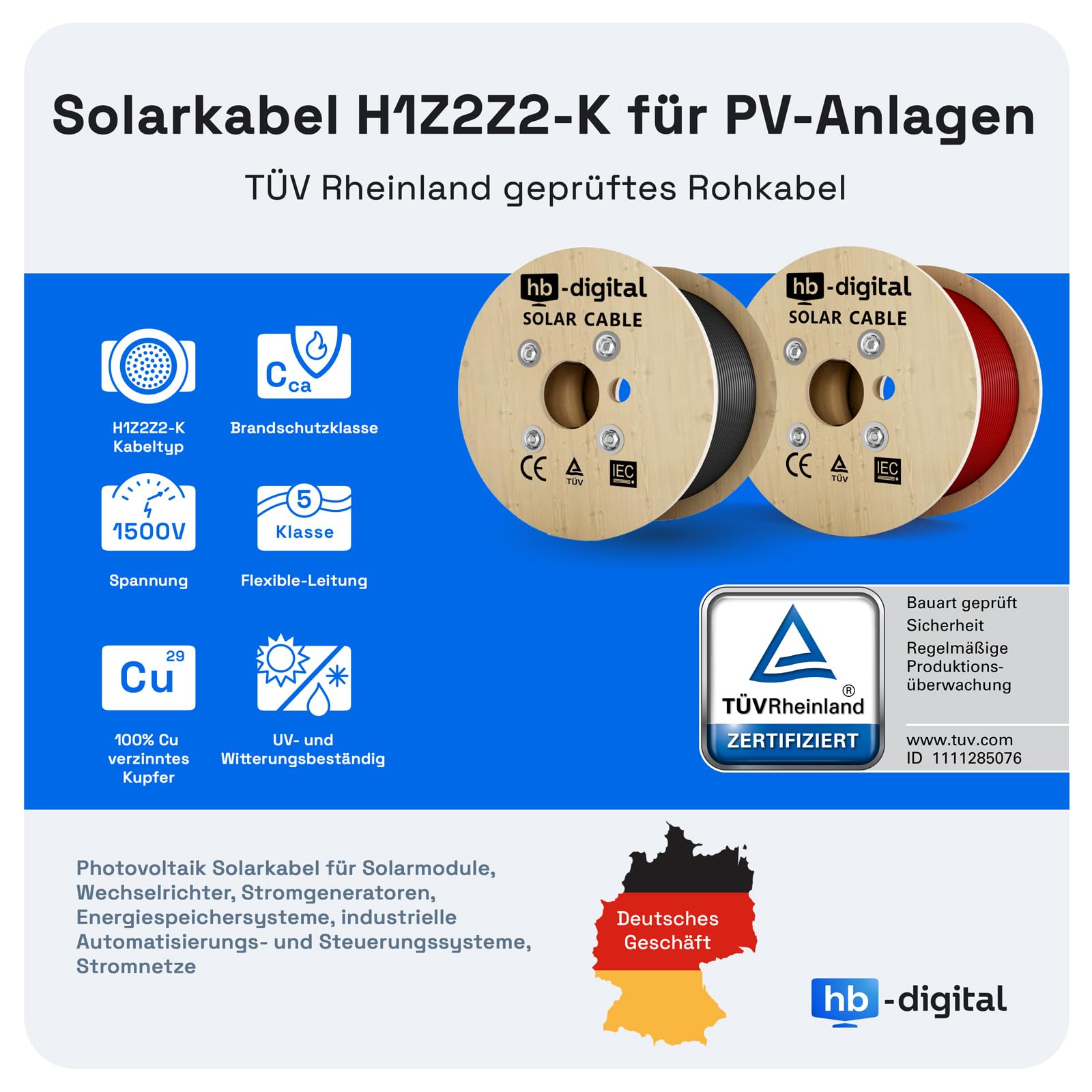 HB-DIGITAL 50m Solarkabel 4mm² H1Z2Z2-K TÜV Rheinland zertifiziert flexibel UV PV Kabel reines Kupfer 1500V DC Schwarz