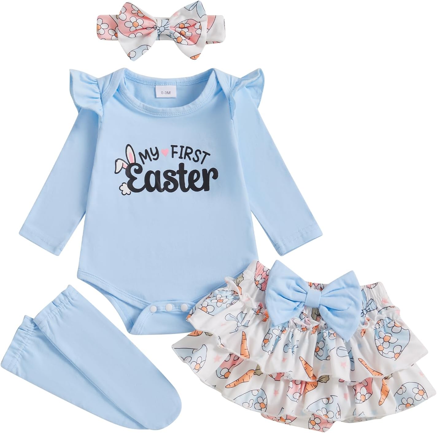 BeQeuewll Newborn Baby Girl Easter Outfit Bunny Clothes Romper+Bloomers Tutu Skirt+Socks+Headband Set First Easter Outfit