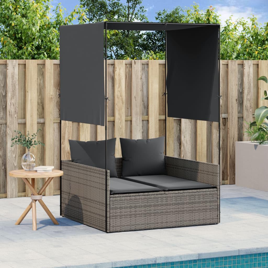 vidaXL Chaise Longue Double avec Toit et Rideaux Gris résine tressée