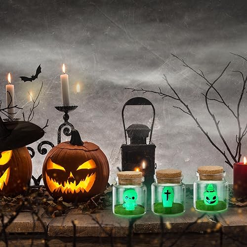 Miniatura 5 de Poen 10 juegos de fantasmas de Halloween en un tarro de masón que brilla en la oscuridad, pequeño fantasma con botella miniatura de corcho con momia