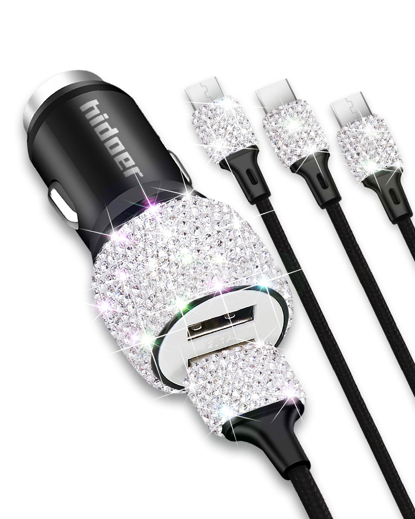 Bling USB Car Charger 5V 2.4A White Crystal Decor Dual Port Fast Adapter with 4ft Nylon Type C Micro USB 3 in 1 Multi Charging Cable for iPhone iPad Android, Auto Interior Accessories for Women