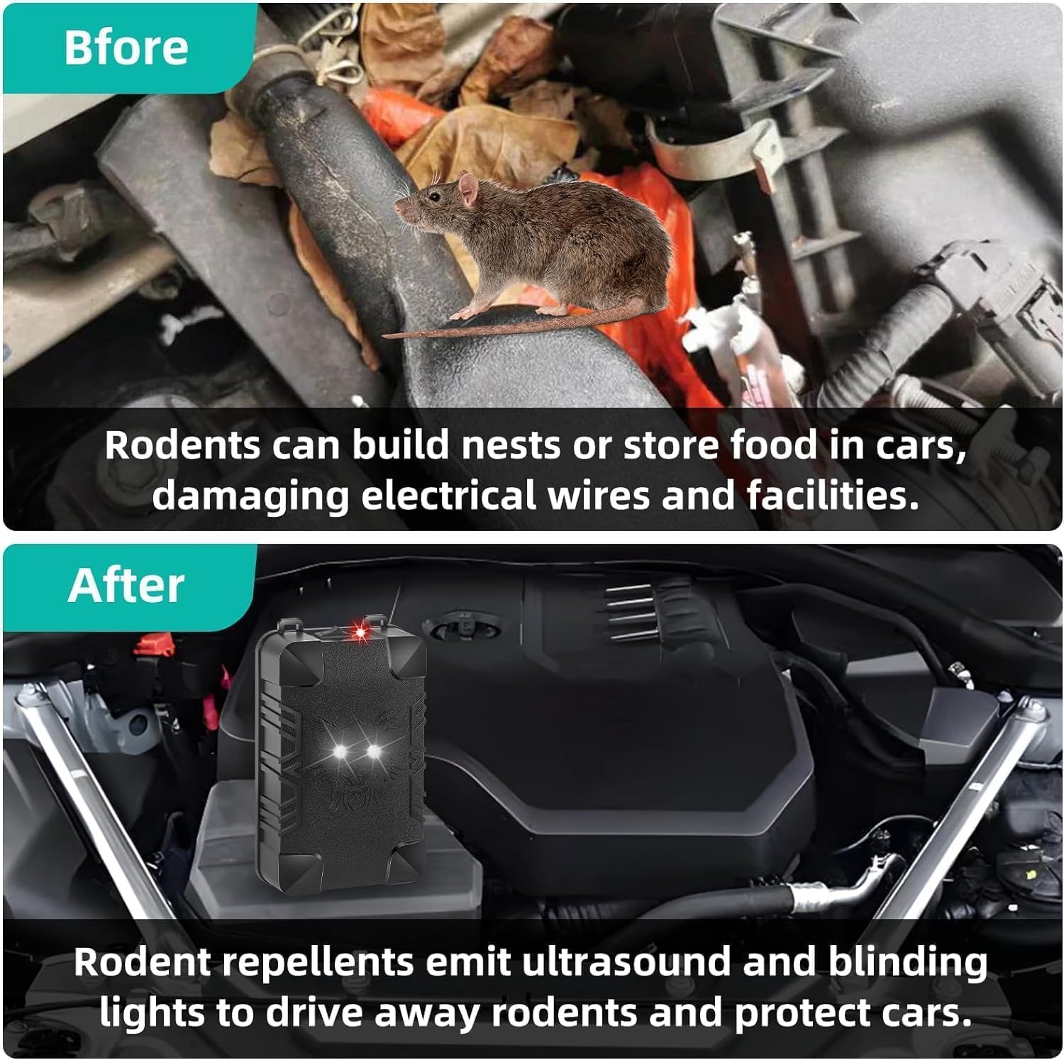 Jahy2Tech Deterrente per roditori sotto il cofano con luce stroboscopica e 3 metodi di alimentazione, repellente professionale a ultrasuoni per topi e scoiattoli, deterrente per auto, camion, camper,