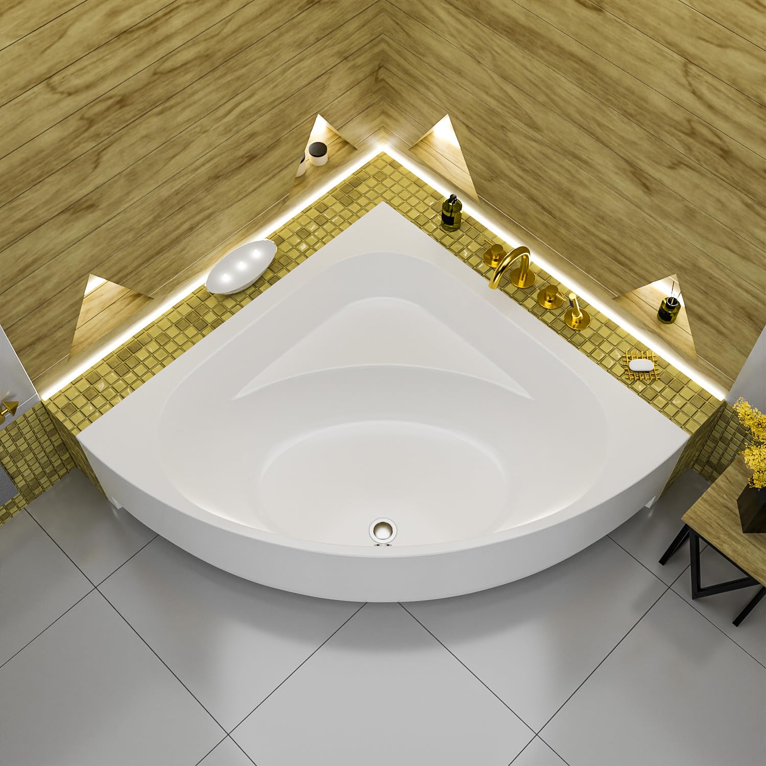 ECOLAM Baignoire d'angle acrylique symétrique Dina 140x140 cm | tablier en acrylique | pieds siphon et silicone