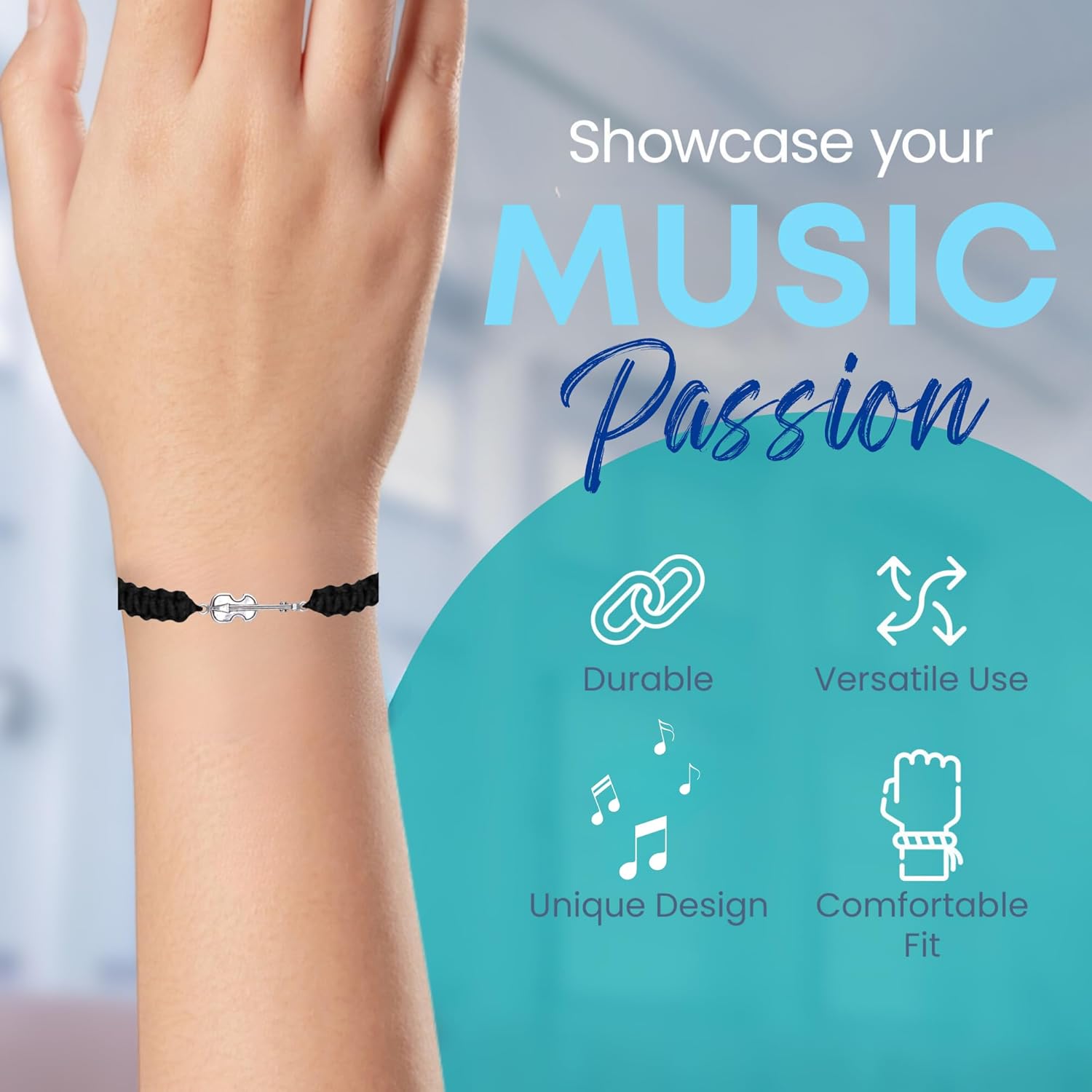 Infinity Collection - Violin Charm Bracelet (Black) Music Jewelry - Adjustable Friendship Bracelet, Braided String Stirrup Bracelet for Women, Teens and Girls. Gift for Musicians Violinist. - Image 5