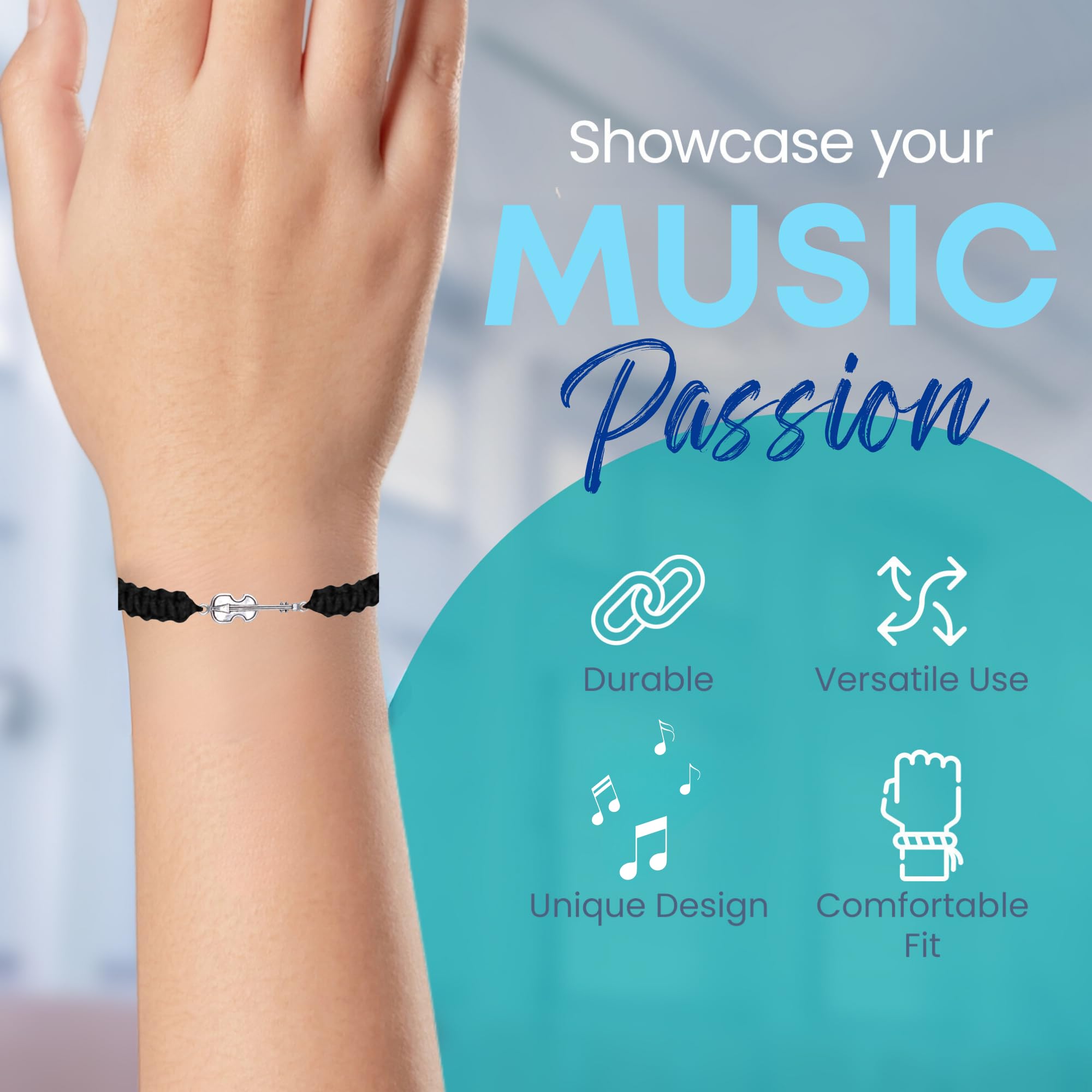 Infinity Collection - Violin Charm Bracelet (Black) Music Jewelry - Adjustable Friendship Bracelet, Braided String Stirrup Bracelet for Women, Teens and Girls. Gift for Musicians Violinist.