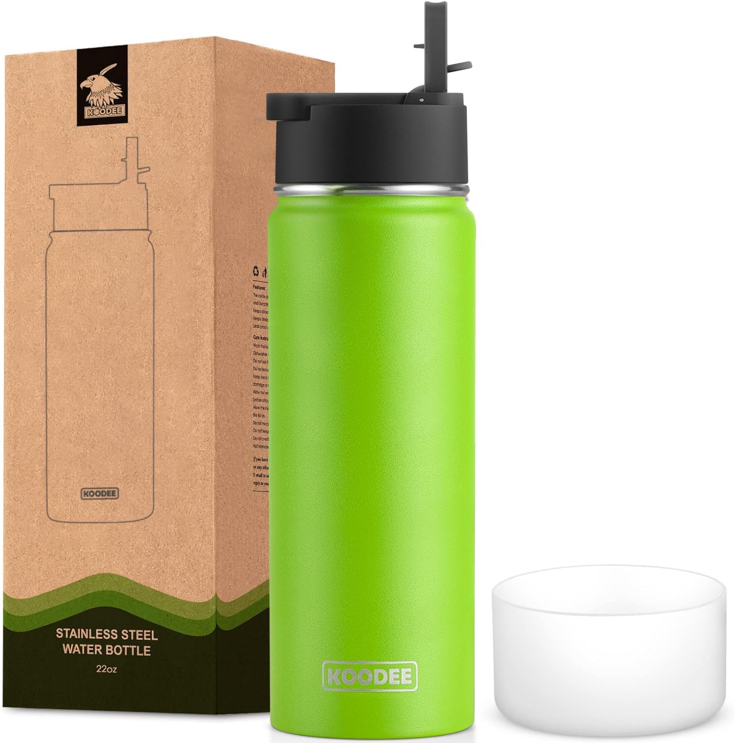 koodee Water Bottle-26 oz Stainless Steel Vacuum Insulated Water Bottle with Straw Lid, Double Wall Wide Mouth Sports Water Bottle for School, BPA Free (Apple Green) 26 Ounces Apple Green