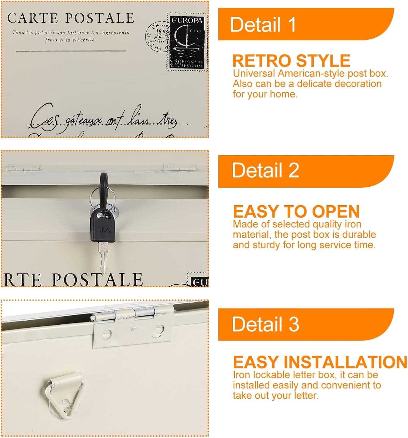 BESPORTBLE Wall Mount Mailbox Outdoor Galvanized Metal Key Large Capacity Commercial Rural Home Decorative Office Business Parcel Box Package Drop Slot Secure Lock White