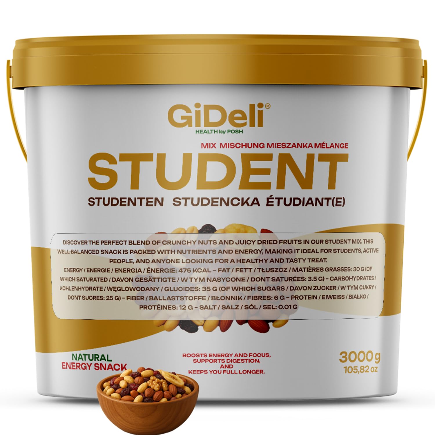 GiDeli Studentenfutter Premium 3kg im Eimer Fruchtmischung Mit Erdnüssen, Cashewkernen, Haselnüssen, Mandeln, Walnüssen, Rosinen, Cranberries & Bananenchips Ohne Zusatzstoffe