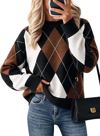 Cicy Bell Sweaters for Women Argyle Plaid Color Block Knit Pullover Tops
