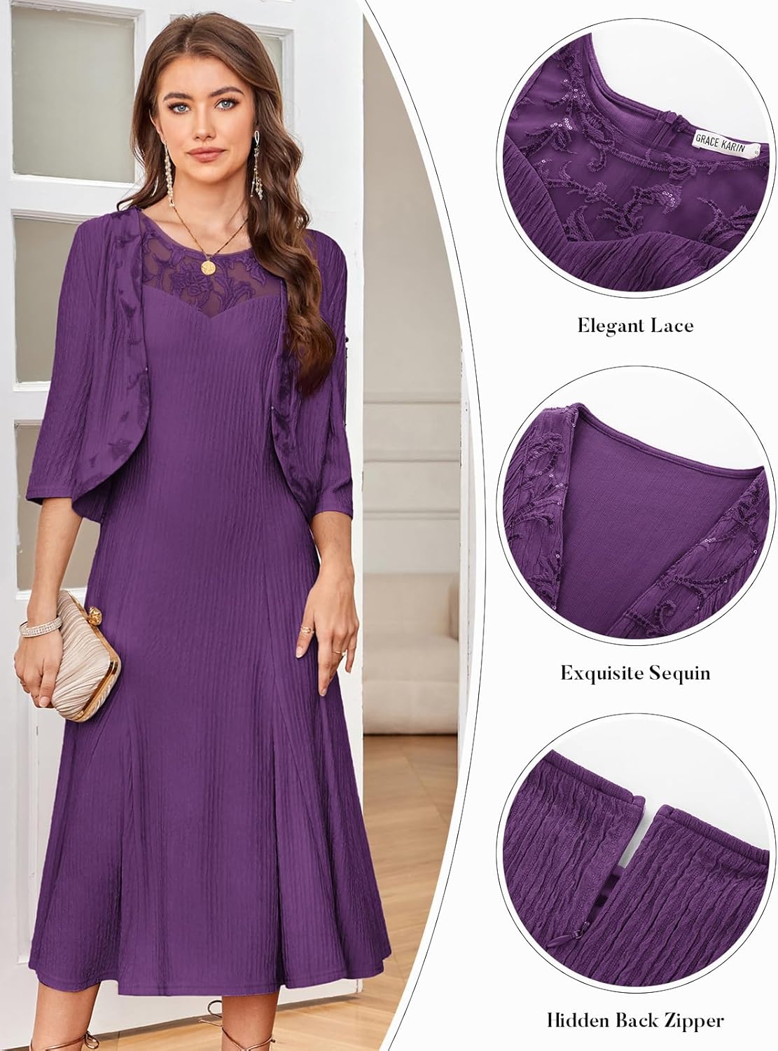 GRACE KARIN Mother of The Bride Dress - Wedding Guest Formal Evening Dress - Lace Sequins Midi Dress with Jacket - Image 3