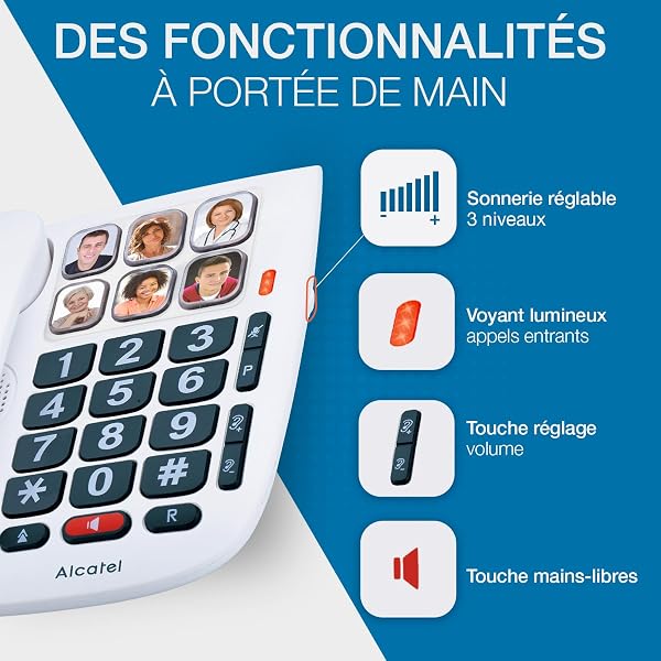 ALCATEL TMAX 10 - Téléphone Fixe Filaire Senior - Grandes Touches - Mains Libres - Indicateur Lumineux D'Appel Entrant - Touches Avec Photos - Compatible Aides Auditives - Blanc - 4