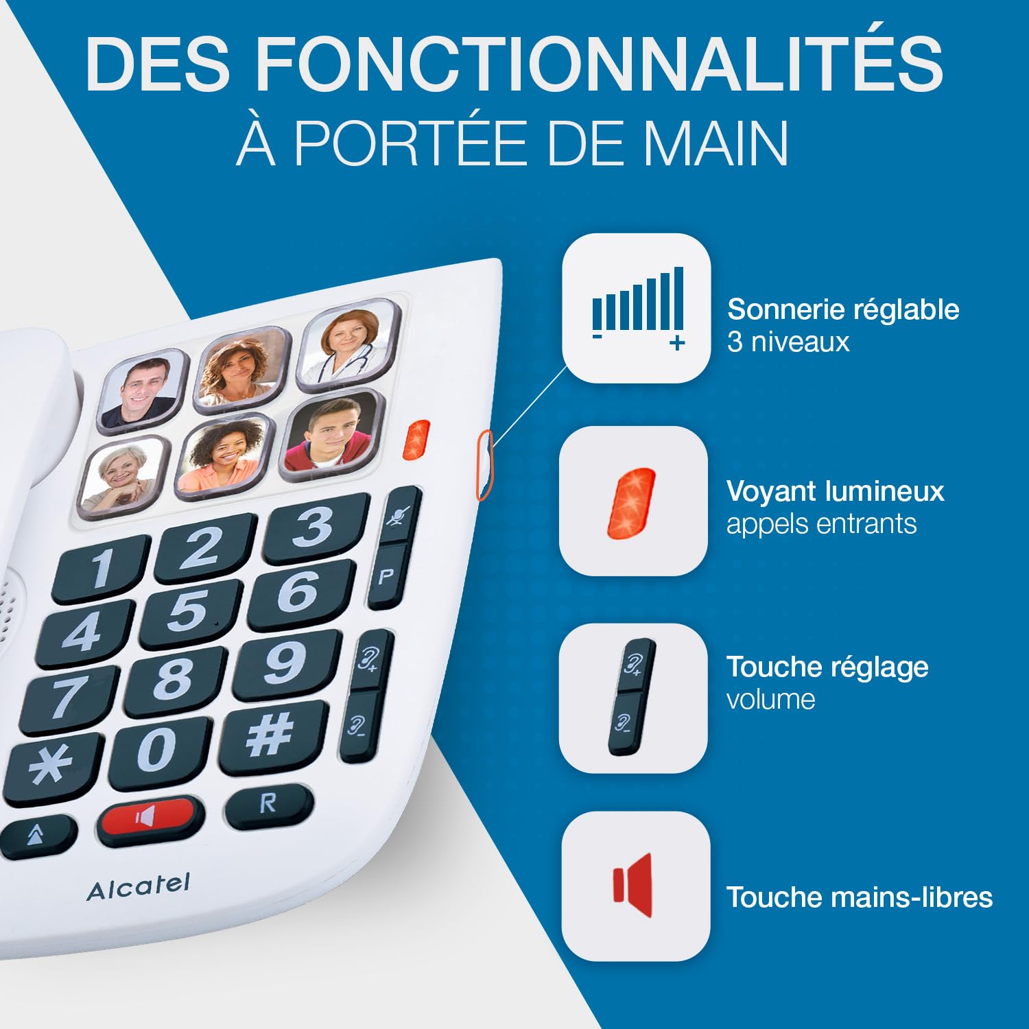 ALCATEL TMAX 10 - Téléphone Fixe Filaire Senior - Grandes Touches - Mains Libres - Indicateur Lumineux D'Appel Entrant - Touches Avec Photos - Compatible Aides Auditives - Blanc