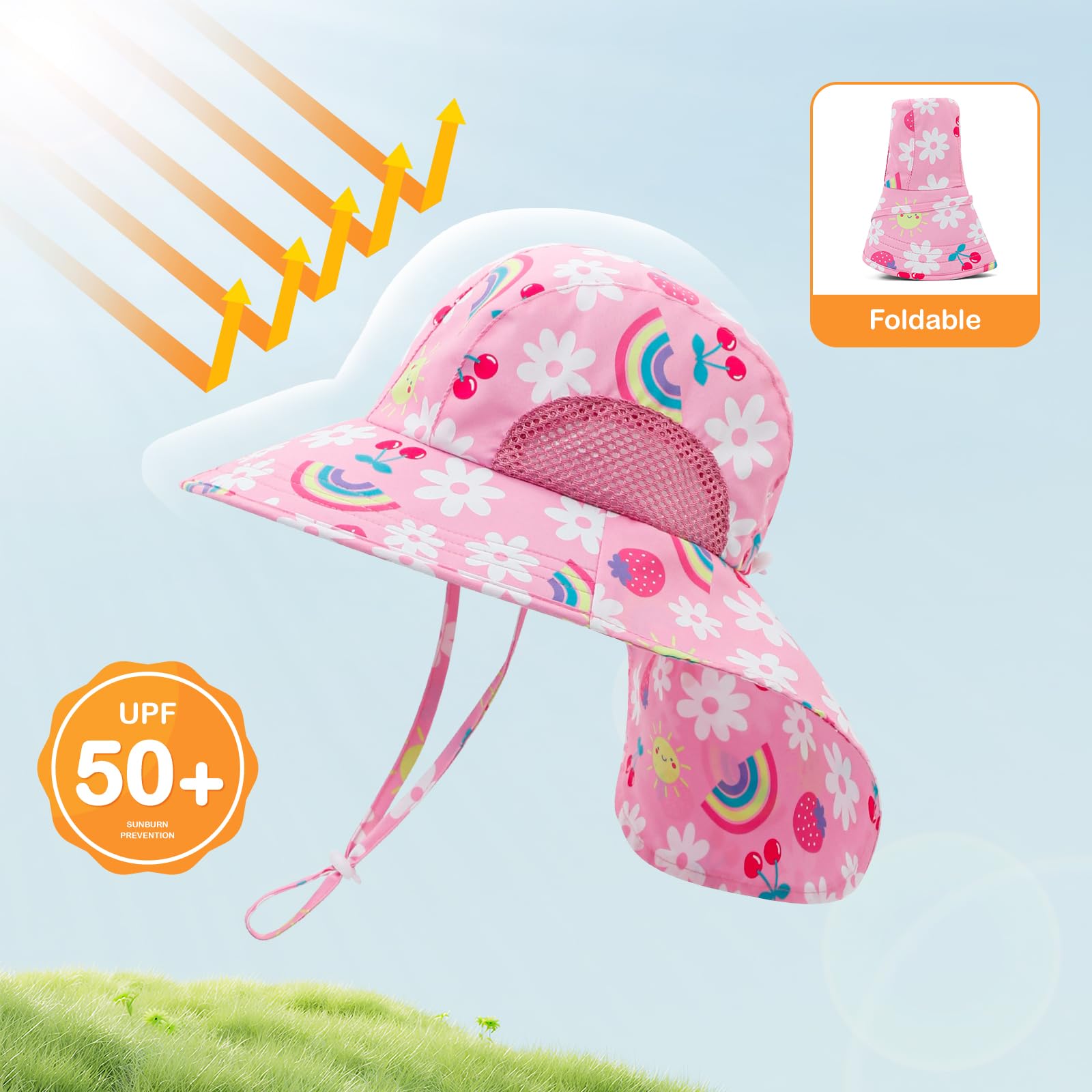 MASOCIO 2 Pcs Baby Sun Hat Toddler Summer Hats Neck Cover with Adjustable Head Drawstring and Chin Strap for Kids 6 Months-6 Years — view 2