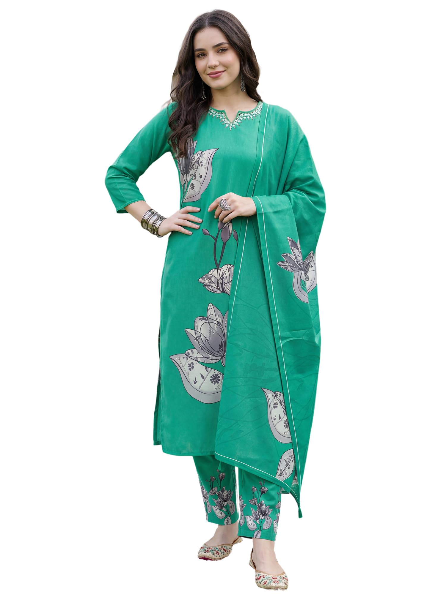 indo era Women's Viscose Rayon Floral Printed Beads and Stones Work Kurta & Pant with Dupatta Set-picture-12