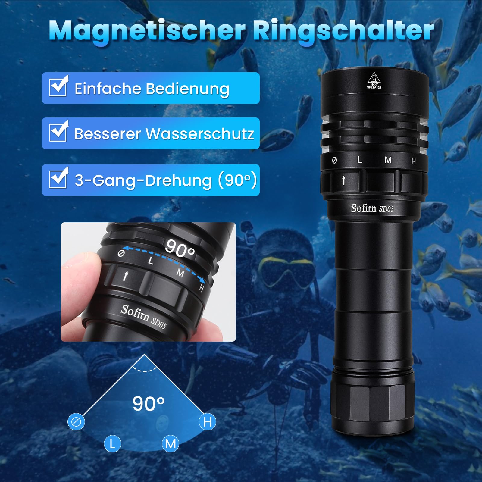 Sofirn SD05 Led Taucherlampe Superhell 3000 Lumen Tauchen Taschenlampe mit XHP50.2 wiederaufladbare Akku Magnetring wasserdichte Sicherheits Unterwasser 100m