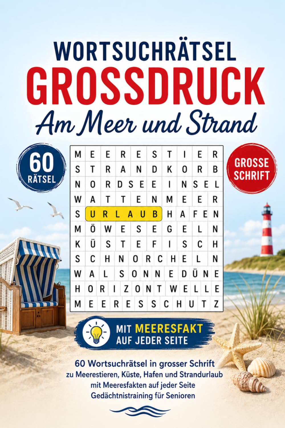 Wortsuchrätsel Grossdruck – Am Meer und Strand: 60 Wortsuchrätsel in grosser Schrift zu Meerestieren, Küste, Hafen und Strandurlaub – mit Meeresfakten – Gedächtnistraining für Senioren mit Lösungen