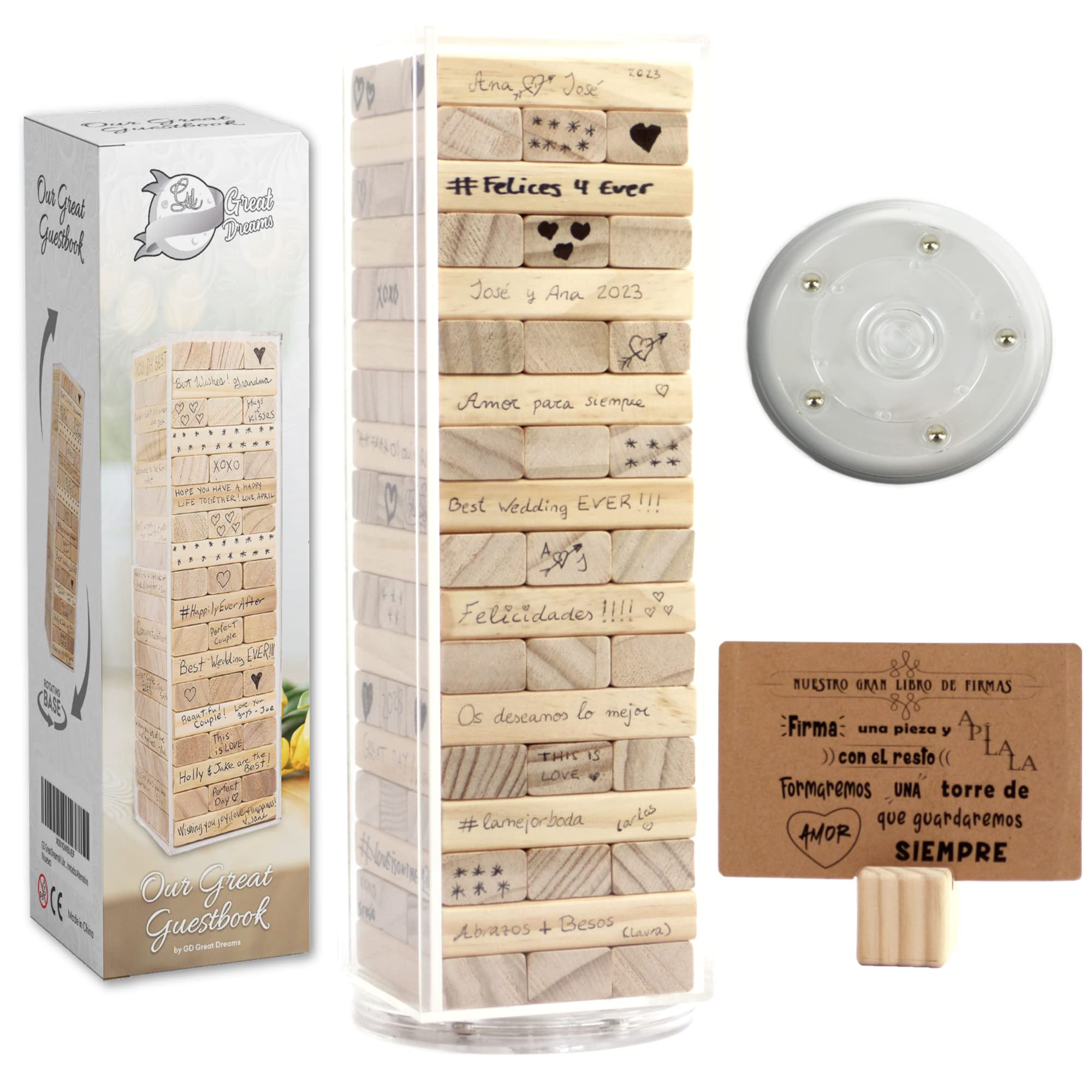 GreatDreams® Libro Firmas Bodas - Libro de Firmas Alternativo - Bloques para Firmar con Caja y Base Giratoria - Libro de Invitados Alternativo