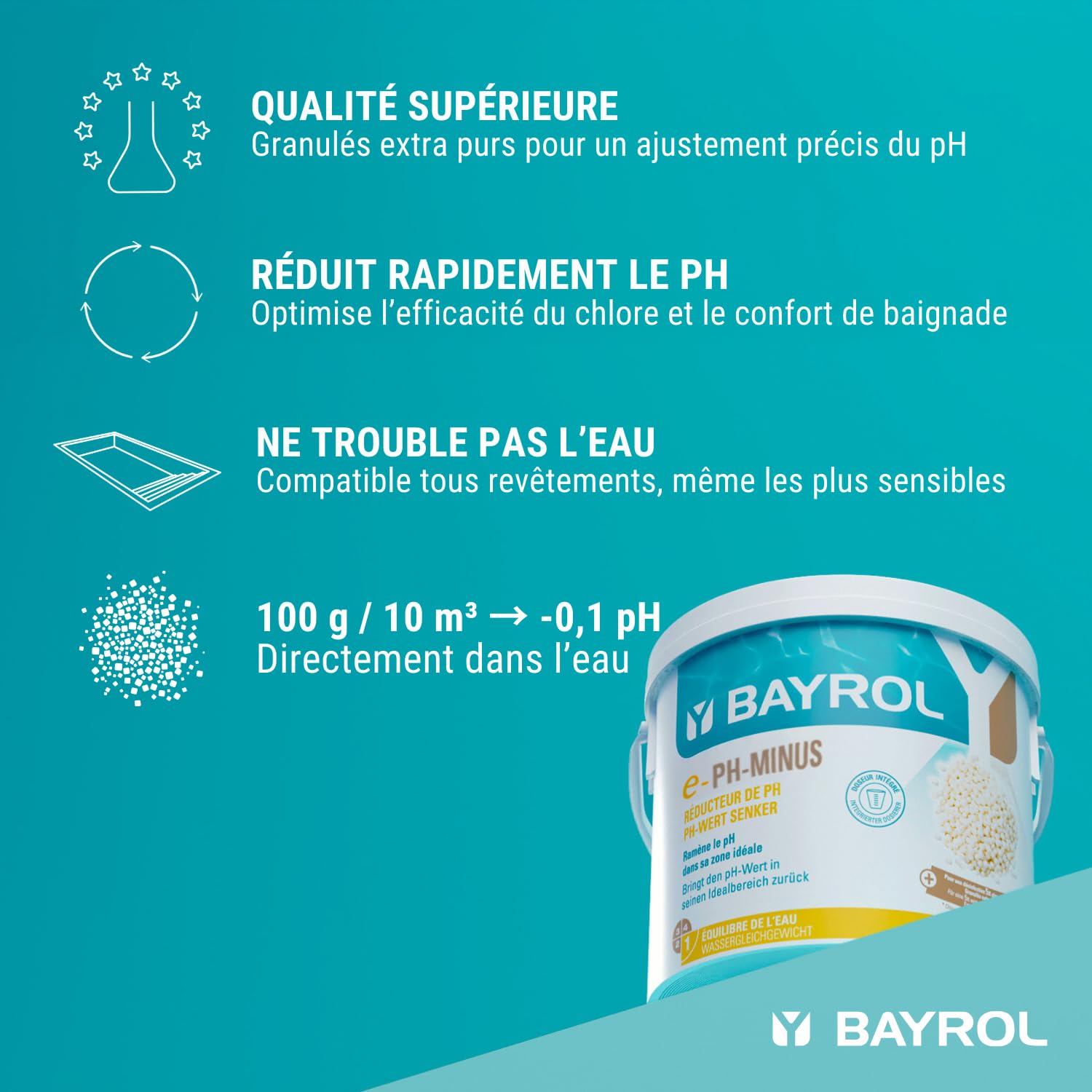 BAYROL e-pH-Minus 6 kg Réducteur de pH Rapide Granulés pH- pour Piscine et Spa Doseur Inclus