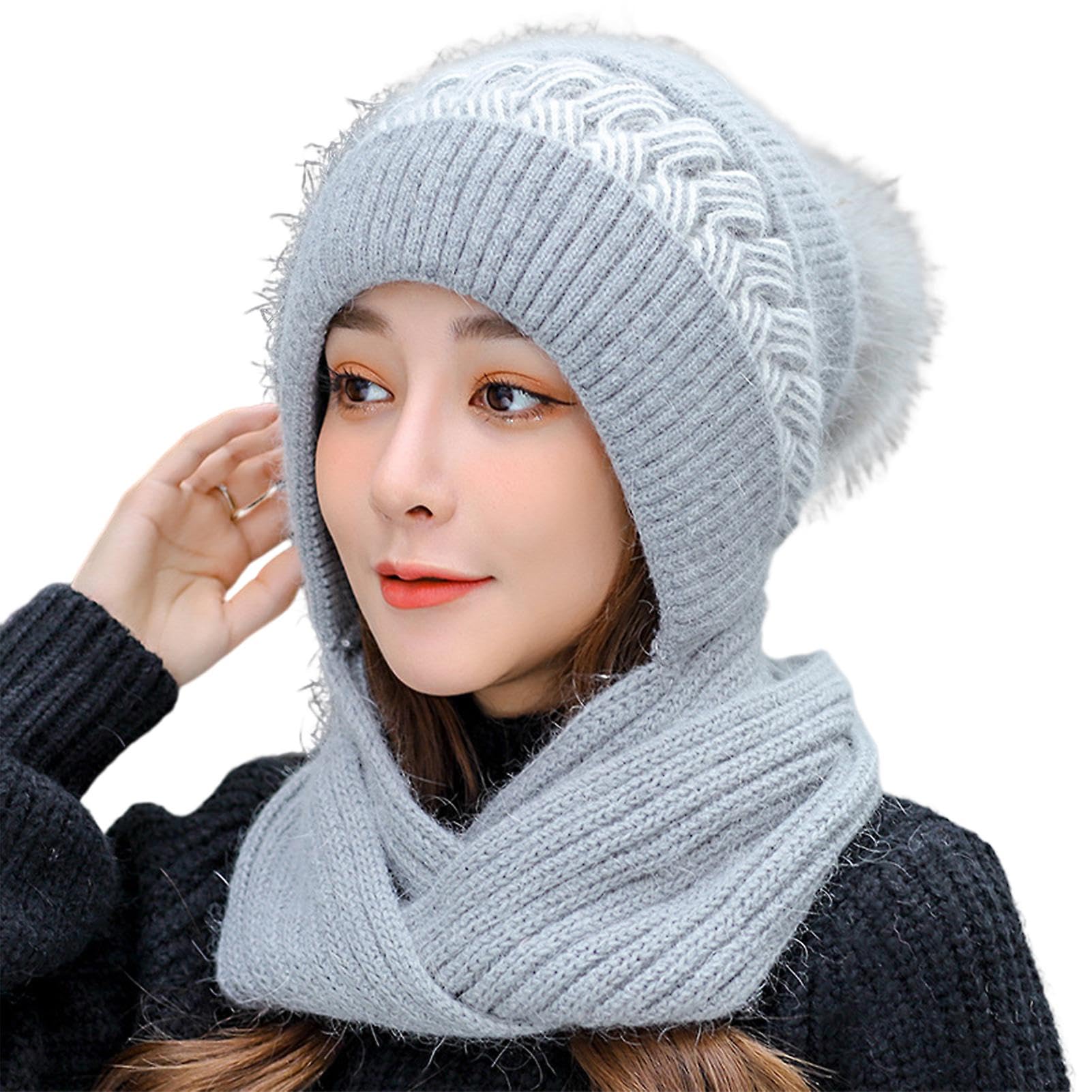 Women's Knitted Hat Winter Plush Velvet Warm Woolen Cap Neck Scarf | Twist Color Fuzzy Slouchy Beanie Monkey Cap with Muffler for Ski Hiking Outdoor Girls & Ladies-image-26