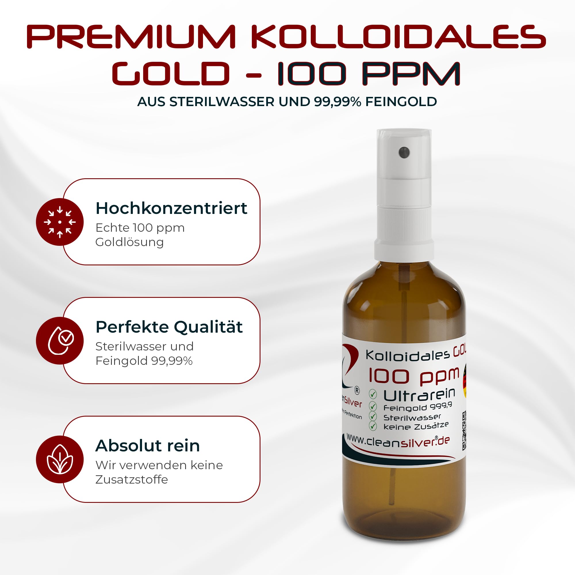 CleanSilver Kolloidales Gold 100 ppm 100ml Spray, Ultrarein: Sterilwasser und Feingold 99,99% - Made in Germany- Stets frische Herstellung - keine Lagerware!