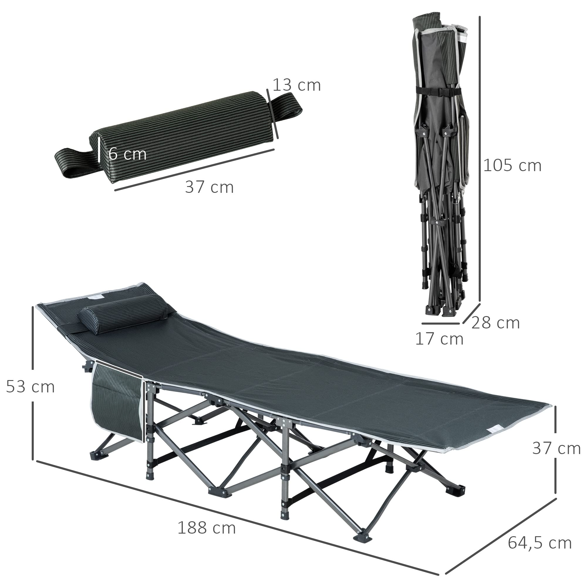 Outsunny Łóżko kempingowe, składane łóżko polowe, z poduszką pod głowę, kieszeń boczna, łóżko dla gości, obciążenie do 150 kg, w podróży, do aktywności na świeżym powietrzu, kolor szary, 188 x 64,5 x