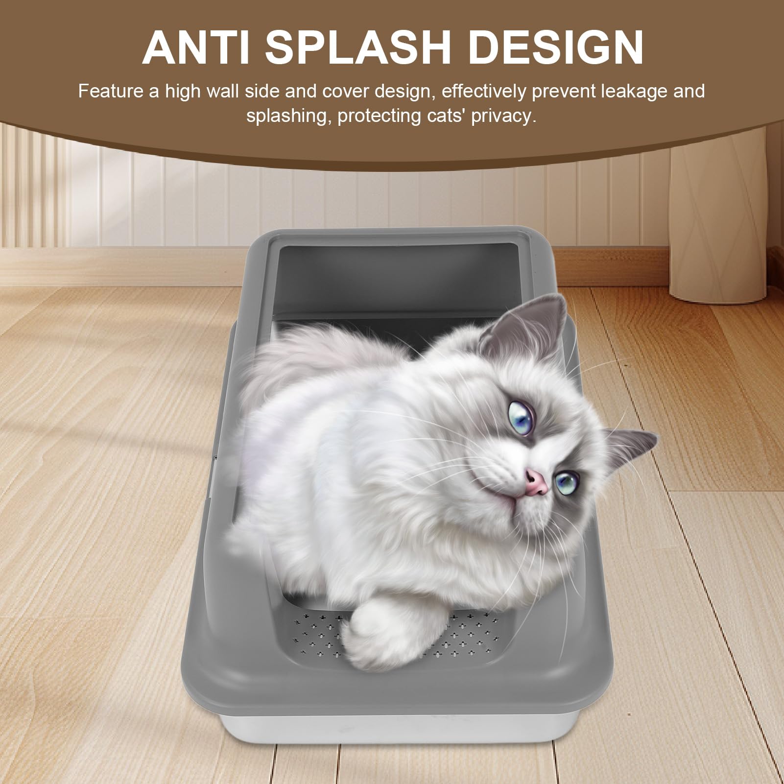 Arenero de Acero Inoxidable, arenero para Gatos Cerrado con Lados Altos, Bandeja de Extra Grande Anti Salpicaduras para Gatos Grandes, diseño fácil de Limpiar y a Prueba de (Gris)