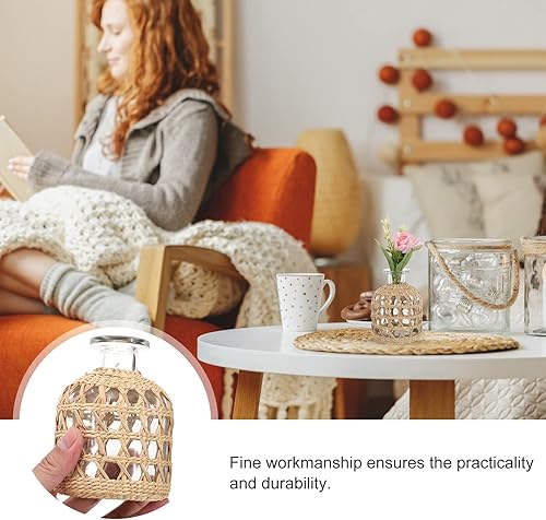 Miniatura 7 de Housoutil 1 jarrón de mimbre de flores, jarrón redondo decorativo de vidrio con cubierta de ratán, recipiente de vidrio con pajita tejida para